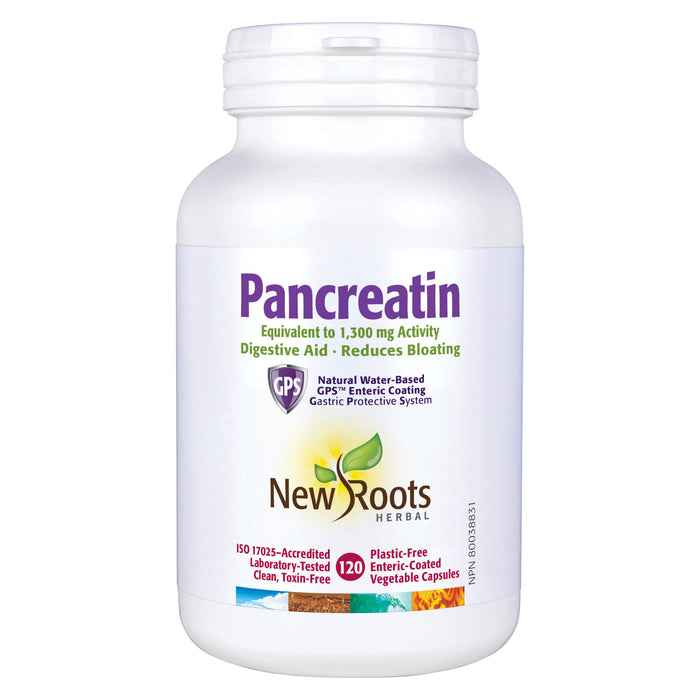 Bottle of New Roots Pancreatin 120 Vegetable Capsules