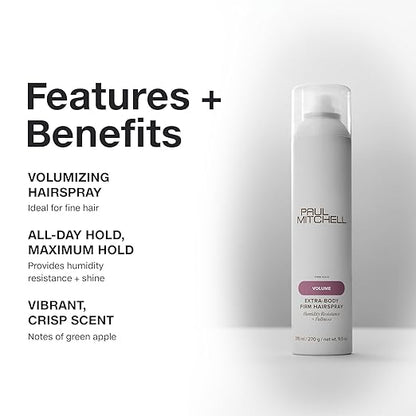 Paul Mitchell Extra-Body Firm Hairspray, Extreme Hold, Maximum Volume + Humidity Resistance, For Fine Hair, 9.5 oz