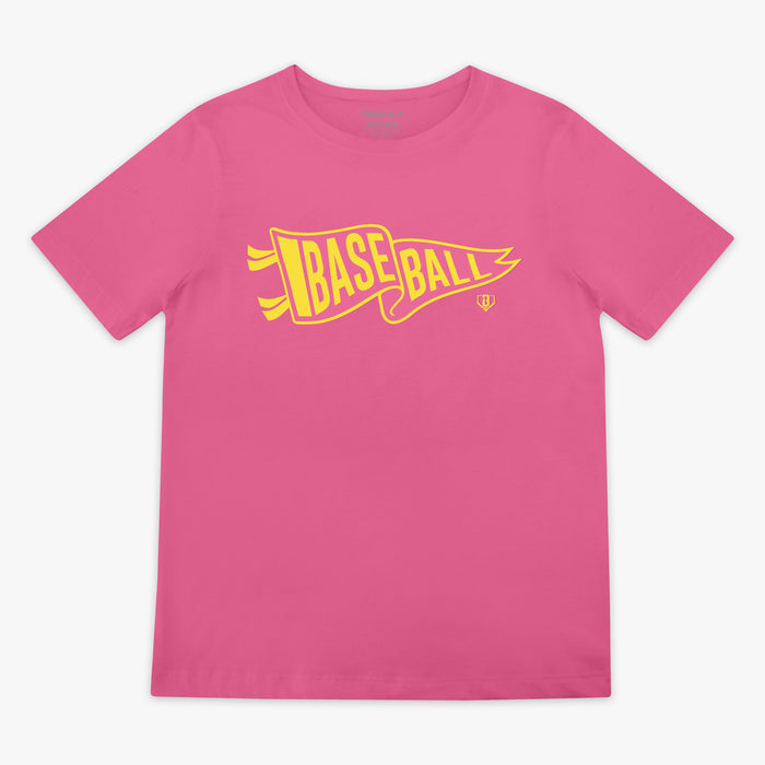 Youth model wearing red Pennant Pink Lemonade youth graphic tee