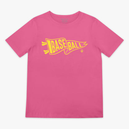 Youth model wearing red Pennant Pink Lemonade youth graphic tee