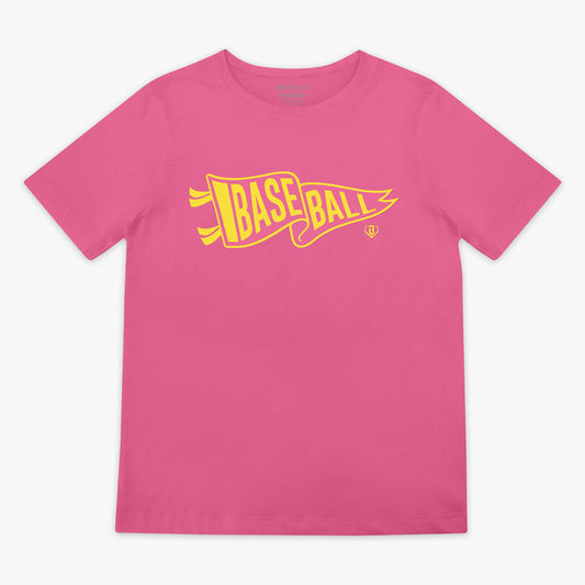 Youth model wearing red Pennant Pink Lemonade youth graphic tee