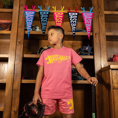 Youth model wearing red Pennant Pink Lemonade youth graphic tee