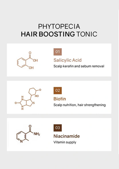 Hair boosting tonic ingredients with chemical structures and descriptions on a light gray background