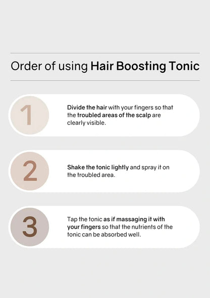 Instructions for using hair boosting tonic on a light gray background