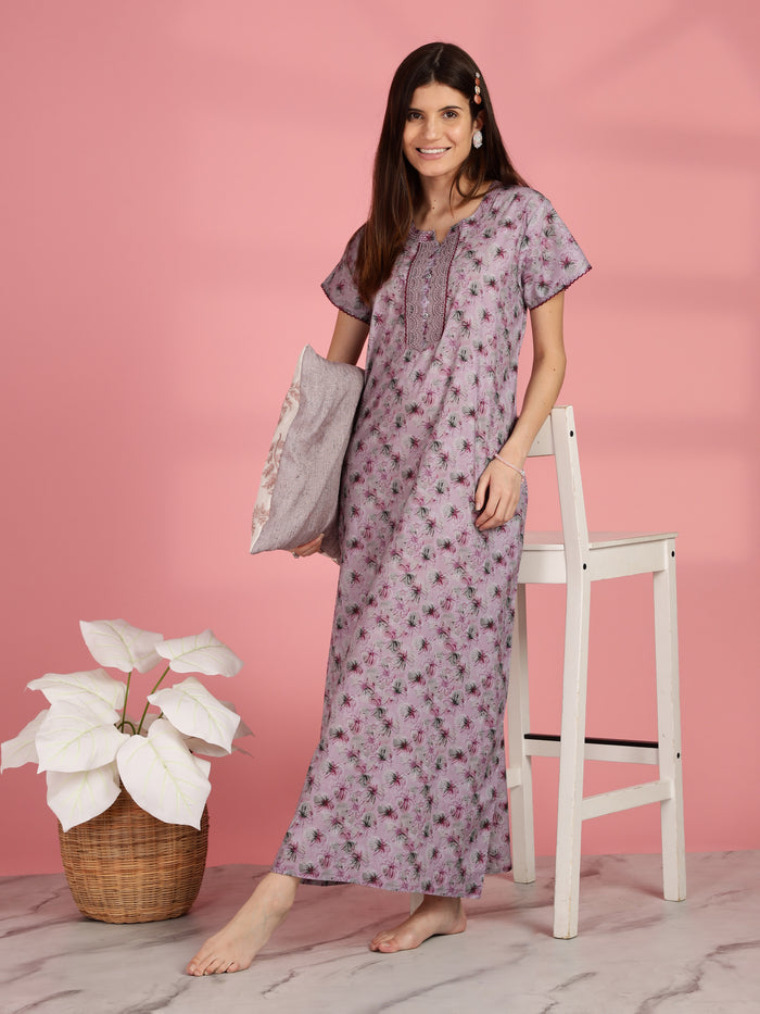 Pink Floral A-line Pure Cotton Nighty for Women