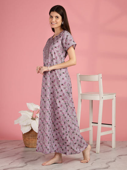Pink Floral A-line Pure Cotton Nighty for Women