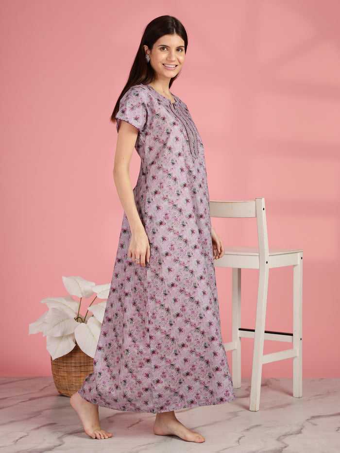 Pink Floral A-line Pure Cotton Nighty for Women
