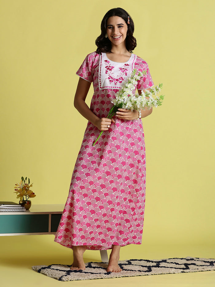 Pink Floral Cozy Pure Cotton Nighty For Women with Pocket