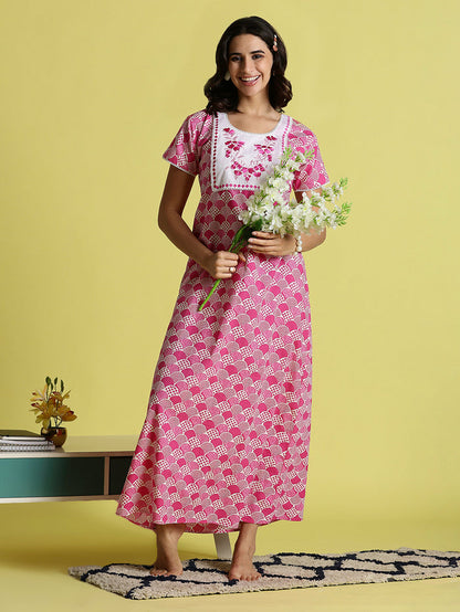 Pink Floral Cozy Pure Cotton Nighty For Women with Pocket