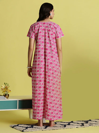Pink Floral Cozy Pure Cotton Nighty For Women with Pocket