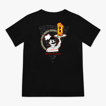Black youth graphic tee with “Pizza Guy” design — back view