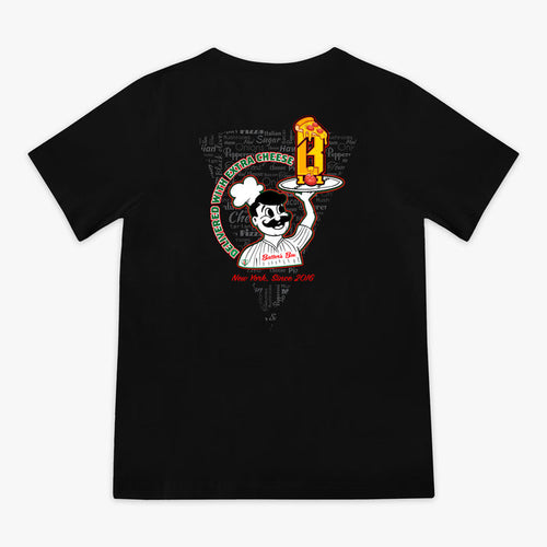 Black youth graphic tee with “Pizza Guy” design — back view