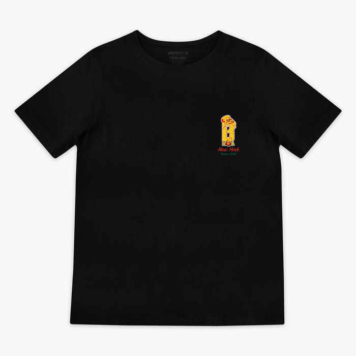 Black youth graphic tee with “Pizza Guy” design — front view