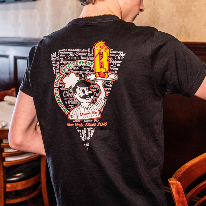 Youth model wearing black youth graphic tee with “Pizza Guy” design