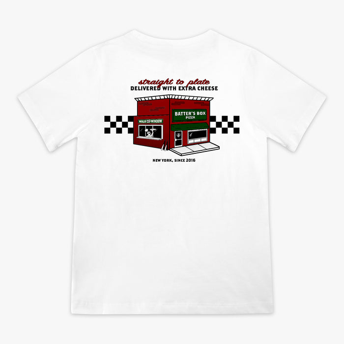 White youth graphic tee with “Pizza Shop” design — back view
