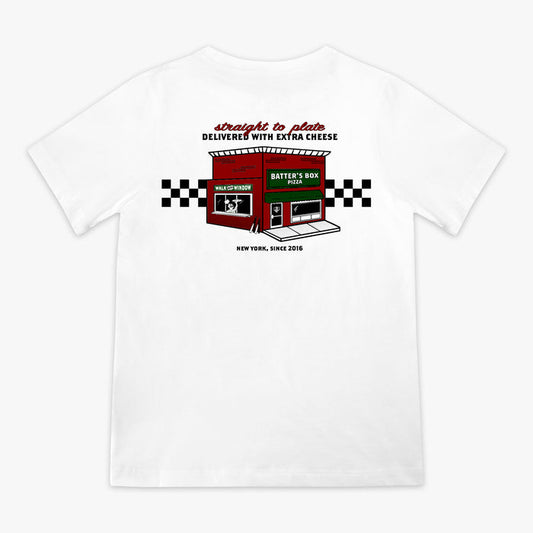 White youth graphic tee with “Pizza Shop” design — back view