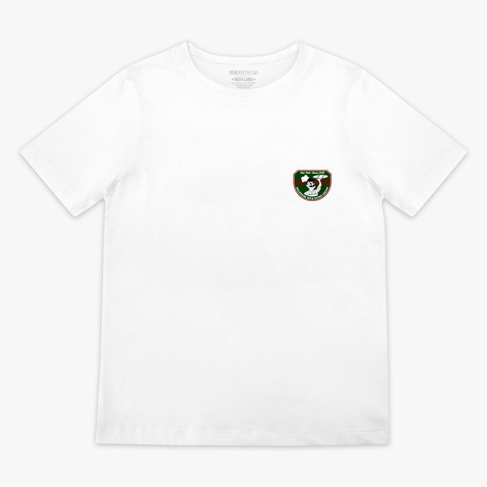 White youth graphic tee with “Pizza Shop” design — front view