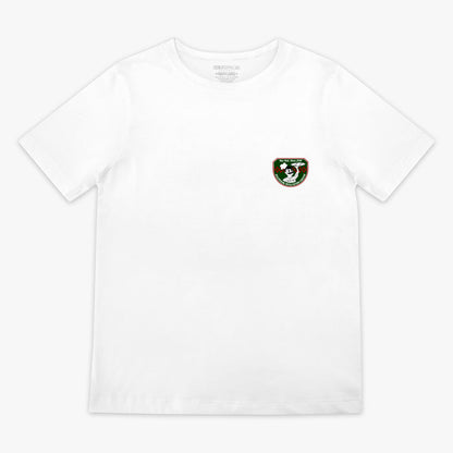 White youth graphic tee with “Pizza Shop” design — front view