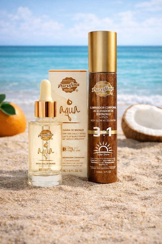 PRÉ- VENDA Kit Bronze Dourado -  Booster Gotas Mágicas + Solar Shine Iluminador