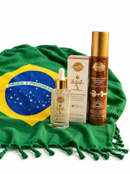 PRÉ VENDA Kit Glow do Brasil- Booster Autobronzeador + Solar Shine Iluminador + Canga do Brasil