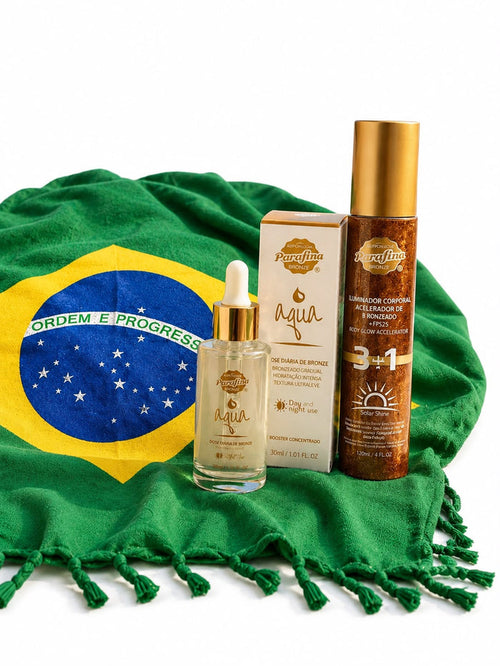 PRÉ VENDA Kit Glow do Brasil- Booster Autobronzeador + Solar Shine Iluminador + Canga do Brasil