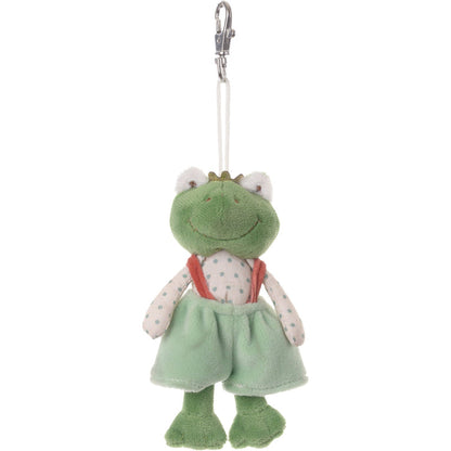 Frog plush keychain with light green dress and white polka-dot sleeves