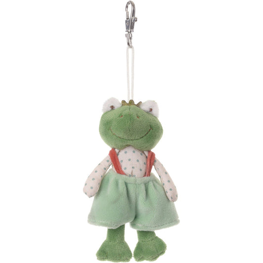 Frog plush keychain with light green dress and white polka-dot sleeves