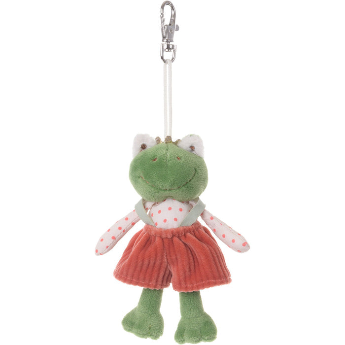 Frog plush keychain with red skirt and white polka-dot top