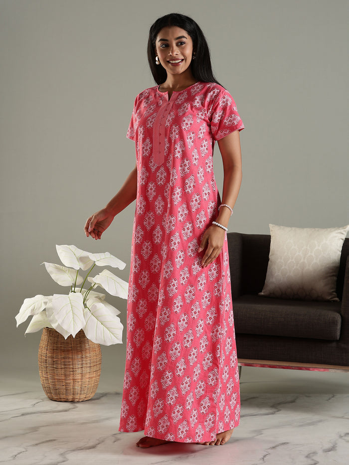 Pure cotton nighty for women with pocket In pink