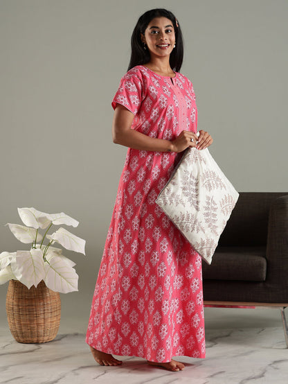 Pure cotton nighty for women with pocket In pink