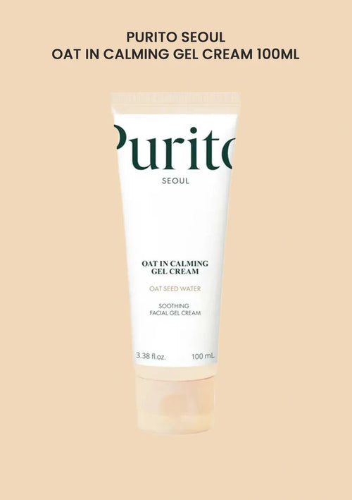 Purito Oat In Calming Gel Cream tube on a beige background