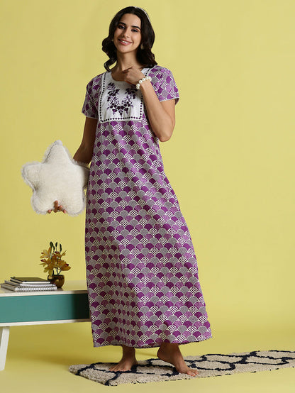 Purple Pure Cotton Night Gowns For Women with Pocket