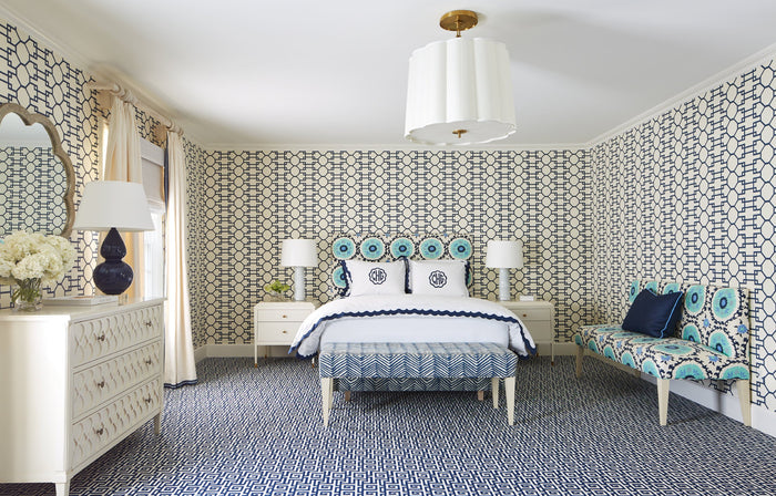 Quadrille Fabric: Brighton - Custom Turquoise on White Belgian Linen / Cotton
