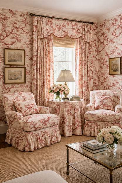 Quadrille Fabric: Paradis - Custom Burgundy on Tinted Belgian Linen / Cotton