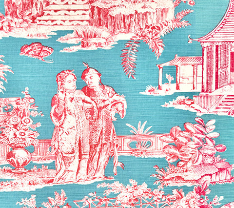 Quadrille Fabric: Paradise Garden - Custom Rose / Turquoise Tinted Belgian Linen / Cotton