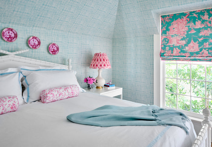 Quadrille Fabric: Paradise Garden - Custom Rose / Turquoise Tinted Belgian Linen / Cotton