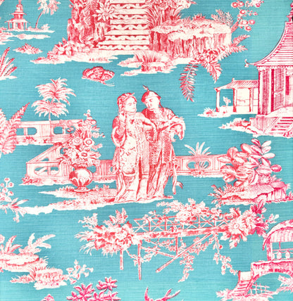 Quadrille Fabric: Paradise Garden - Custom Rose / Turquoise Tinted Belgian Linen / Cotton