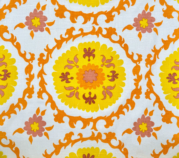 Quadrille Fabric: Suzani - Custom Yellow / Orange on Bleached 100% Silk Matka