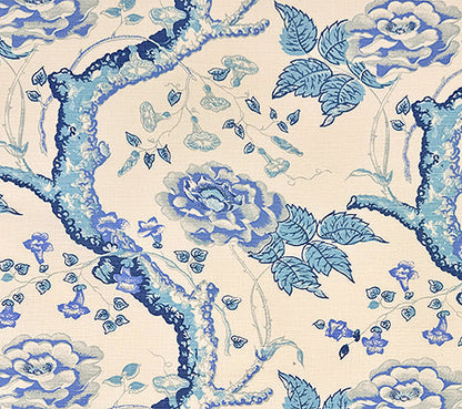Quadrille Fabric: Tree Peony - Custom Multi Blues on Tinted Belgian Linen / Cotton