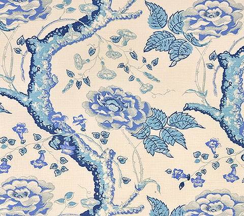 Quadrille Fabric: Tree Peony - Custom Multi Blues on Tinted Belgian Linen / Cotton