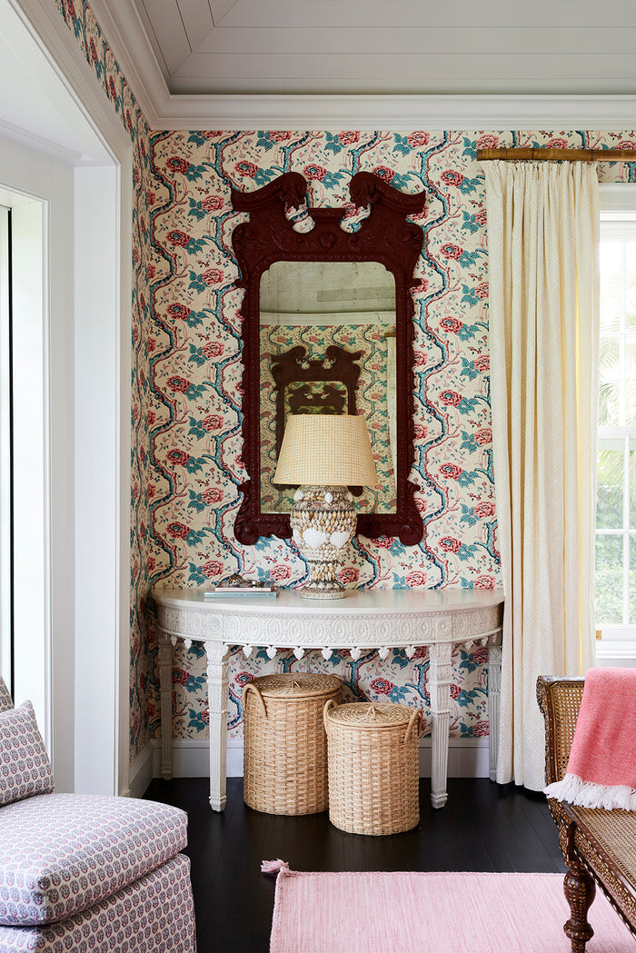 Quadrille Fabric: Tree Peony - Custom Multi Blues on Tinted Belgian Linen / Cotton