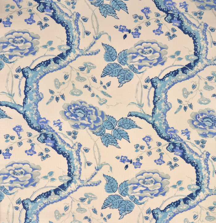 Quadrille Fabric: Tree Peony - Custom Multi Blues on Tinted Belgian Linen / Cotton