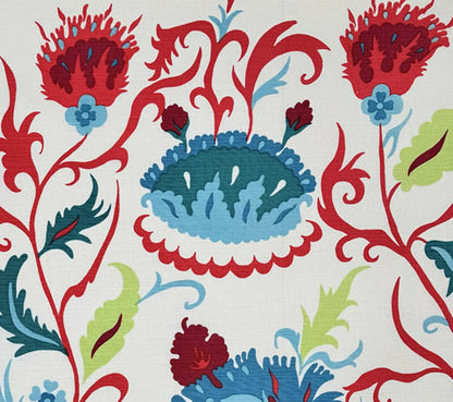 Quadrille Fabric: Uzbek Large Scale - Custom Red / Teal / Blues on Tinted Belgian Linen / Cotton