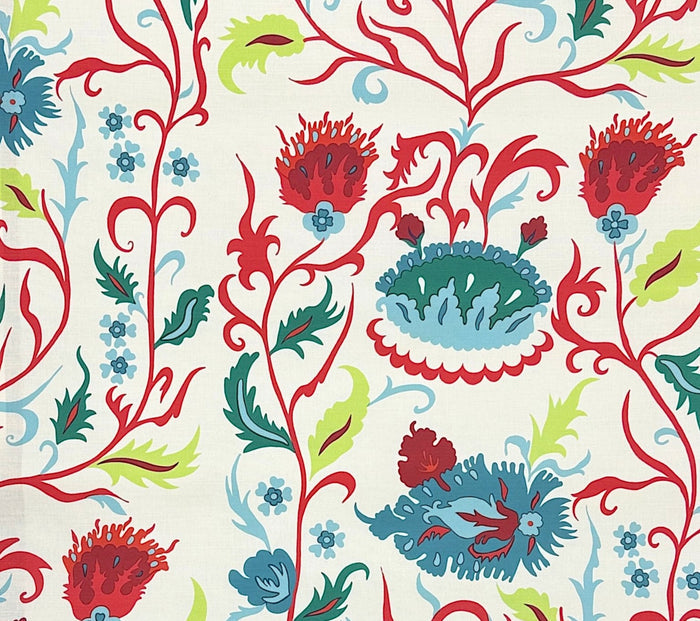 Quadrille Fabric: Uzbek Large Scale - Custom Red / Teal / Blues on Tinted Belgian Linen / Cotton