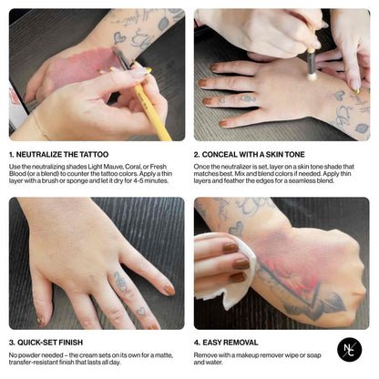 Tattoo cover-up application step-by-step — neutralize, conceal, quick-set finish, easy removal