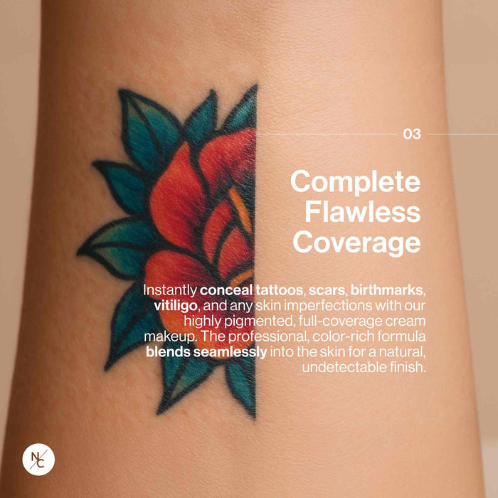 Complete Flawless Coverage infographic — conceals tattoos, scars, birthmarks, vitiligo, and skin imperfections