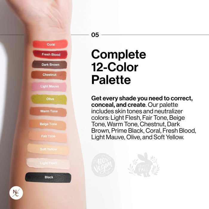 Complete 12-Color Palette infographic listing all 12 shade names with skin swatches.