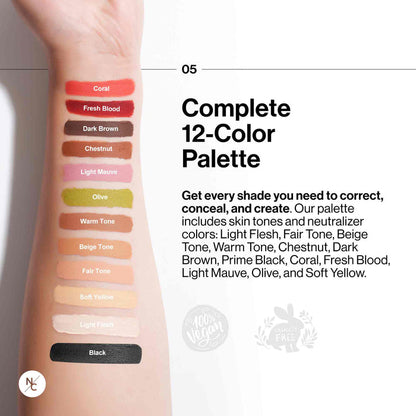 Complete 12-Color Palette infographic listing all 12 shade names with skin swatches.