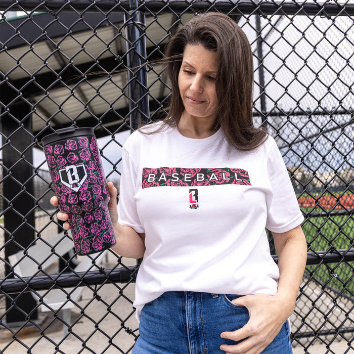 Youth model wearing white Radar Roses youth graphic tee
