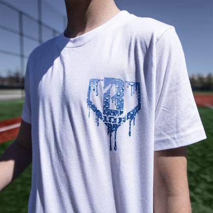 Youth model wearing white Rain Delay youth graphic tee